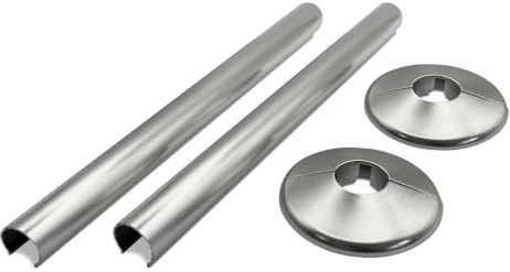 200mm Brushed Nickel Snap On/Retro Fit Sleeve Cover & Collar Sets | Radiator & Towel Rail Snap-On Cover Set, Plastic Collar & Alloy Sleeve. Pair, For 15mm Pipe