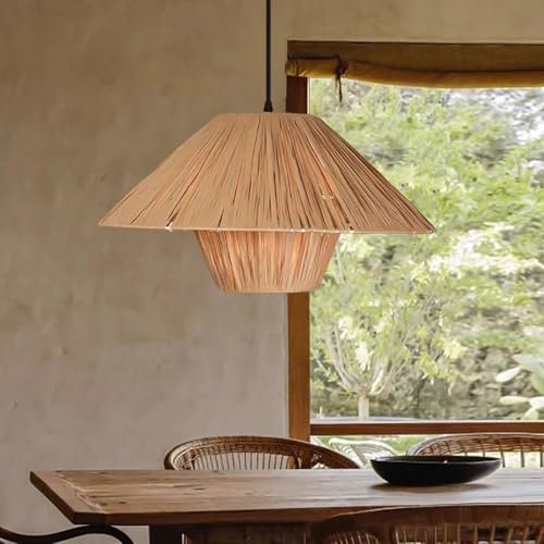 XQIDIANAA Suspension 1 Lumière en Paille, Suspension Au Plafond en Osier Tissé À La Main, Éclairage Bohème À Hauteur Réglable pour Îlot De Cuisine, Chambre À Coucher, Salon, Ferme
