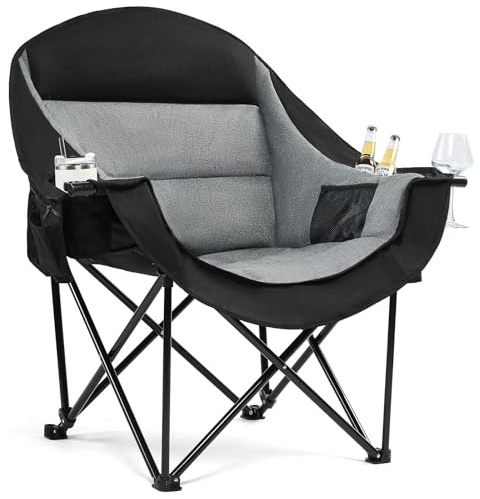 Oversized Camping Chairs for Adults - Heavy Duty Padded Outdoor Folding Lawn XL Camp Chair with Cup Holder Cooler Pockets for Outside Sports Beach Fishing Garden Portable Supports 500lbs, Black