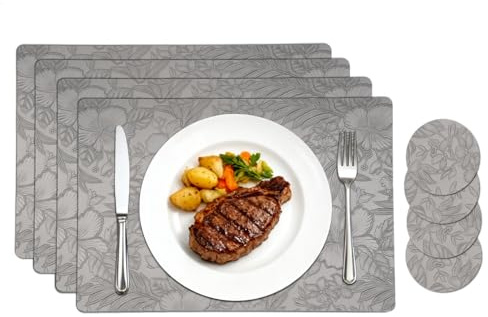 Homcomodar Tischsets Abwaschbar 4er Set Leder Platzsets Abwaschbar mit Untersetzer Blumen Platzset rutschfest Tischset Hitzebeständig für Hause Küche Restaurant(43x30cm Hellgrau)