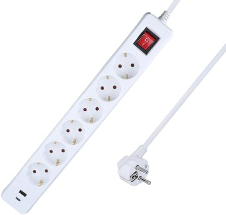 as - Schwabe Steckdosenleiste 6-Fach weiß | mit 2 USB-Ports (Typ A & C), 1,4 m Kabel, 230V/16A/3500W, gedrehte Steckdosen, IP20, beleuchteter Ein-/Aus-Schalter