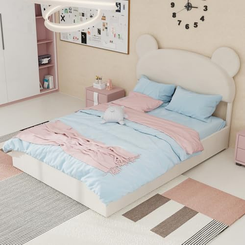 Generisch Modernes minimalistisches Polsterbett mit Cartoon-Kopfteil | 140x200 cm Beige | Hochbett mit Gasdruck-Lagerung | Kinderzimmer-Möbel stabil bis 250 lbs
