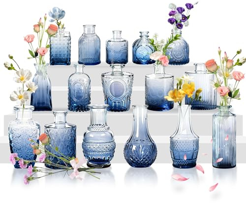 YRHome 16 Stück Kleine Vasen für Tischdeko, Glas-Budenvasen-Set Mini, kleine Glasvase, Vintage-Blumenvasen & Knospenvasen für Hochzeiten, Partys, Feierlichkeiten Verlauf Blau