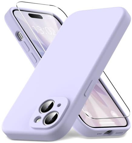 Vansdon Coque pour iPhone 15,Housse Silicone Liquide Mince, Violet Clair | Doublure Microfibre Anti-Rayures, 1x Film de Protection en Verre Trempé, Protection Antichoc