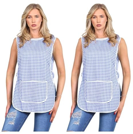 Pack Of 2 Women’s Check Tabard Aprons with Pockets – Poly Cotton Cleaning Catering Kitchen Bar Salon Workwear – Unisex Adjustable Side Button Tunic Apron Plus Size