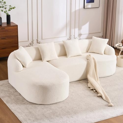 Quorflax Ecksofa mit Schlaffunktio - 243cm Chenille Modulares Schlafsofa,Einzigartiges Geschwungenes Design,L Form Couch mit Ottomane, Keine Montage Erforderlich (Beige, 243cm)