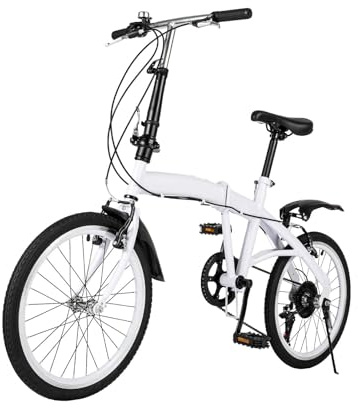 QTREIDG Fällbart hjul 20 tum 6 växlar, vikbar cykel vuxna upp till 90 kg, vikbar cykel med V-broms-stötdämpning och höjdjusterbar, stadscykel kompakt för pendlare camping resor, snabb-Foldsystem, vit