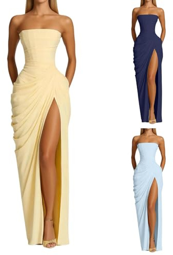Generico Abito da Cerimonia Donna Vestito Lungo Elegante Senza Spalline Bandeau Plissettato Aderente con Spacco Abito da Sera per Matrimonio Damigella Serata Formale Cena di Gala Promozione