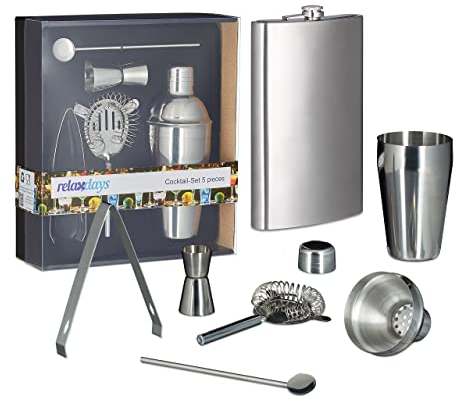 Relaxdays Set da Cocktail, da Barman, 6 Accessori, Acciaio Inox, Fiaschetta, Shaker, Colino, Cucchiaio da Bar, Pinza, Argentato