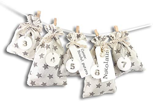 Frau WUNDERVoll® DIY Adventskalender zum Befüllen Schneeflöckchen Baumwollbeutel creme, graue Sterne, Ziffern weiß/Weihnachtskalender,Beutel,SackSäckchen,Stoffbeutel,Baumwolle,Geschenkbeutel,Bastelset