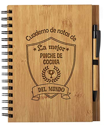 Planetacase - Cuaderno de Notas la Mejor pinche de cocina del Mundo - Libreta de Madera Natural con Boligrafo - Bloc de Notas A5 con 80 Hojas - Diseño Grabado en Bajorrelieve