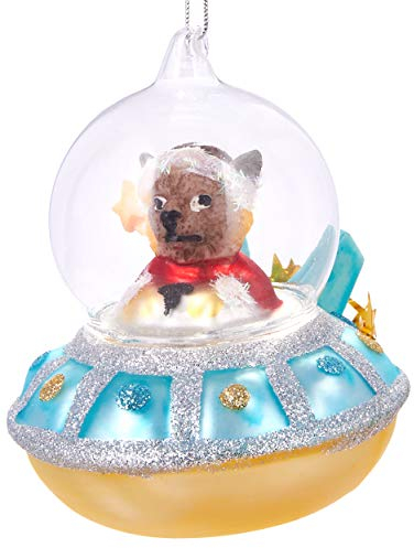 BRUBAKER Hund im Sternen UFO Blau - Handbemalte Weihnachtskugel aus Glas - Mundgeblasener Christbaumschmuck Figuren lustig Deko Anhänger Baumkugel - 10 cm
