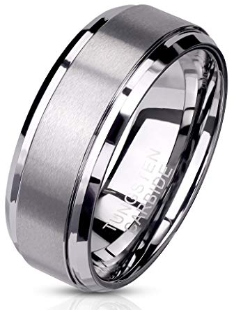 Paula & Fritz® Ring Damen Wolframcarbid gebürstete Mitte Gr. 59 (18,8) Silber 8-mm Breit Herren-Ring Partnerring Verlobungsring Damenring