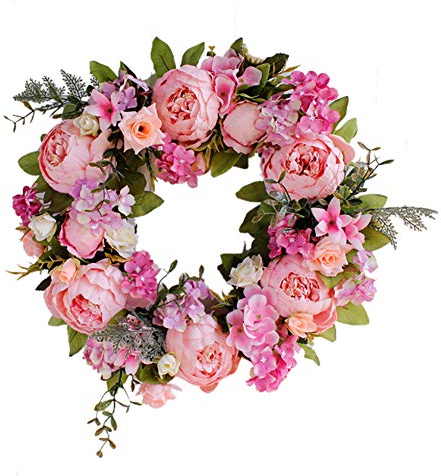 HooAMI Künstliche Türkranz Deko Kranz Dekorative Blumenkranz Wandkranz Für Frühling Sommer Alle Jahreszeiten Wanddekoration Hochzeitsfeier Festival Dekor(Rosa)