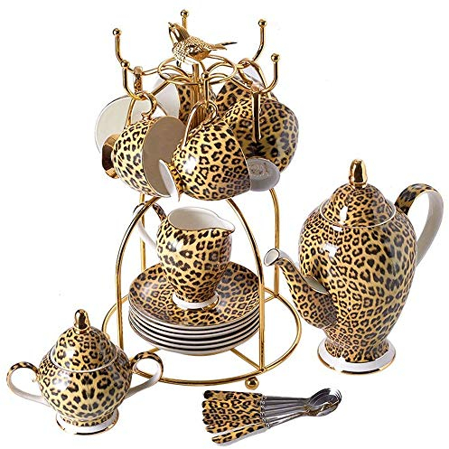 Leopard Print Bone Coffee Set, Porcelain Tea Set Advanced Pot Cup Ceramic Mug Sugar Bowl Creamer Teapot Drinkware