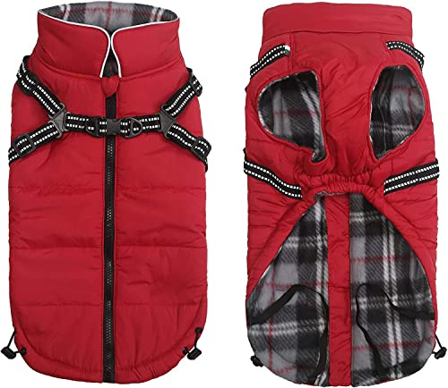 Pethiy -Super Warm Hunde wintermäntel mit Geschirr, Hundejacke mit Innenfleece, Wasserdichte Kleine Hundemantel Winterweste Hundepullover mit Brust gurt fur Haustier -Rot-L