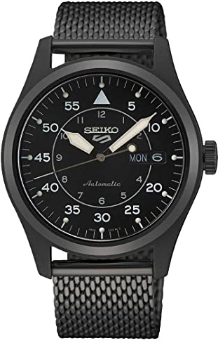 Seiko 5 Sportflieger Automatik schwarzes Zifferblatt Schwarze Milanese Armbanduhr SRPH25K1