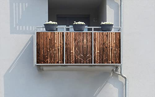 Wallario Balkonverkleidung, Sichtschutz, Windschutz, Meterware nach Maß mit vormontierten Ösen - Motiv Holz in Dunkelbraun mit Blumenmuster - Schnörkel (Grundpreis: 29,95Eur/m)