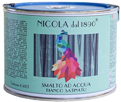 NICOLA VERNICI Smalto Acrilico a Base di Acqua, Per Interni ed Esterni, Made in Italy, Bianco Satinato - Formato 0,5 lt
