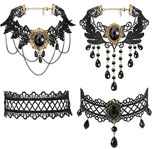 JewelryWe Schmuck 4 PCS Choker Halsband Halskette Set Schwarz Samt Stretch Vintage Gothic Quasten Tattoo Spitze Collar Choker Halsketten Ketten für Halloween Party Cosplay Damen Mädchen Geschenk