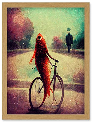 Doppelganger33 LTD Koi Fish With Bicycle Surrealism Purple Teal Park Dream Artwork Framed Wall Art Print A4
