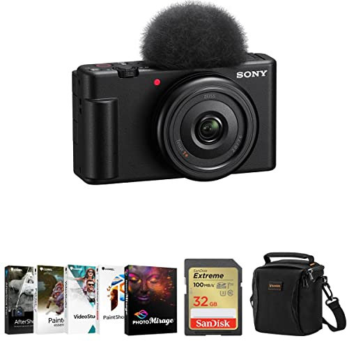 Sony ZV-1F Vlogging Camera, Black Bundle with Corel PC Software Kit, 32GB SD Card, Shoulder Bag