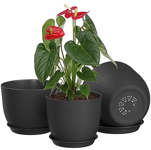 FIASON 20/23/25 cm Plant Pots, Plastic Plant Pots with Drainage Holes and Saucers, Flower Pots Suitable for Indoor and Outdoor Use(Black, Set of 3)