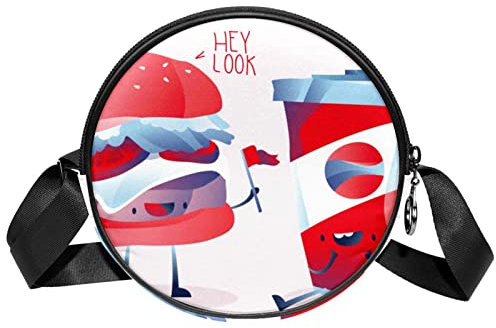 Runde Umhängetasche, Kuriertasche für Frauen, Hamburger und Cola-Figur, Mehrfarbig, 6.7x6.7x2.3 in, Sling Rucksäcke