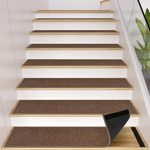 GOYLSER Peel and Stick Stair Treads with Rubber Backed Pack of 15, Jute Stair Rug Staircase Step Treads, Reusable Stair Pads Step Mats for Bare Feet, 30x8, Light Brown