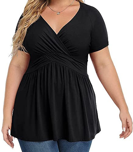 KAYFEM Hauts habillés pour Femmes Grande Taille Chemise Cache-cœur à Manches Courtes Haut Tunique col en V Coupe Basse Mignon Chemisier (Black,4XL)
