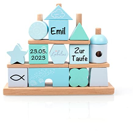 Taufgeschenk Steckspiel in Blau Mint für Jungs - Perfektes Geschenk zur Taufe mit Namen, Taufdaten, Tauffisch bedruckt (Blau)