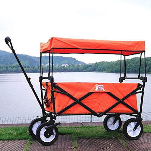 ZAANU Carrito de jardín | Plegable, 80 kg, 4 Ruedas, con Parasol/Cubierta de Lluvia, Portátil | Carro de tracción, Carro de Mano, Carro Plegable para Acampar (C: Naranja)
