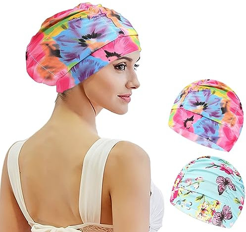 2 pcs Bonnet De Bain Femme Cheveux Long Adulte Bain Élastique Tissu Polyester Souple Bonnet de Natation (Papillon Rouge et Vert)