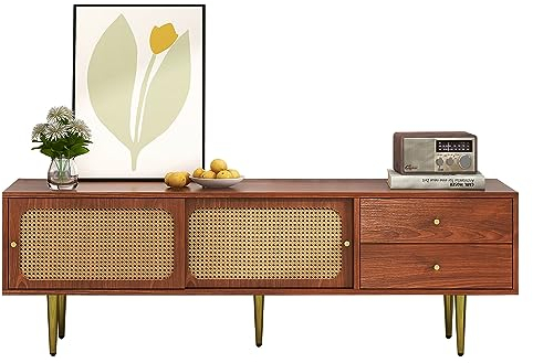 kubeier Mobile TV Basso per TV Classico Moderno 160 * 40 * 60 cm con 2 cassetti, 2 Ante scorrevoli in Rattan, 4 Scomparti per riporre Gli Oggetti, Noce con Rattan in plastica Scura