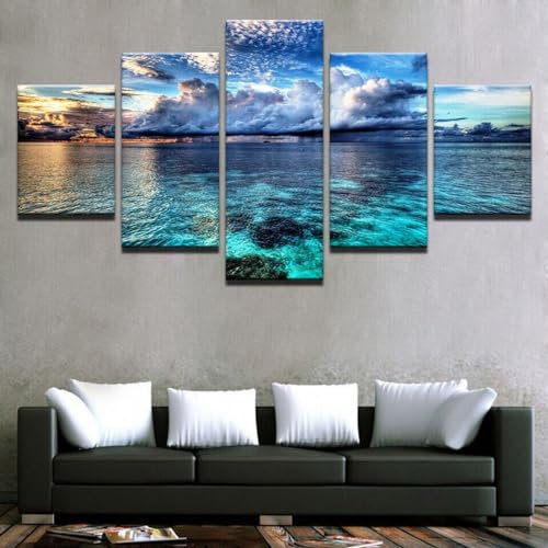 5 teiliges bild Meereslandschaft, blaues Meer, bewölkter Skyrim-Sonnenaufgang 5 teilig leinwandbilder,leinwanddrucke bilder,bild leinwand xxl 5 teilig,wandbilder schlafzimmer Dekoration,bilder,poster