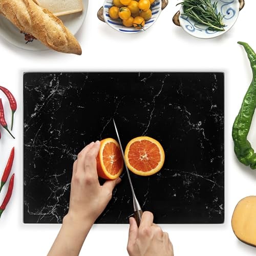 Kitchenville Glasschneidebrett 40×30 cm – Hygienisches Schneidebrett aus gehärtetem Glas – Hitzebeständig, Kratzfest, Rutschfest – Küchenbrett – schwarze Marmoroptik