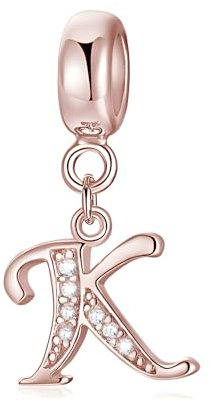 Symretie Pendentif Initiale K en Argent 925 à Finition Or Rose pour Femme, Compatible avec les Bracelets et Colliers de Style Pandora et Européen. Convient aux Femmes et aux Filles.