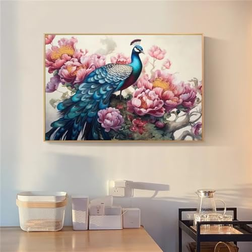 Senyanr Diamond Art Kits Adults, Peony Peacock 5D Diamond Painting Kits Full Drill Crystal Gem Embroidery Cross Stitch Crafts Kit for Festival Gifts Home Wall Decor 24x32inch
