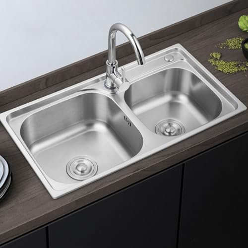 Fregadero De Cocina Fregadero de acero inoxidable de dos senos Fregadero sobre encimera Fregadero de Comercial Duradero Fregadero Encastrado,Cuenca de verduras (68x38cm)