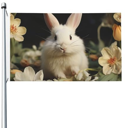 Flagge, 90 x 152 cm, doppelseitige Flagge, weißes Kaninchen und Lilien, Allwetterflaggen für Hof, Outdoor-Dekoration, Urlaubsbanner