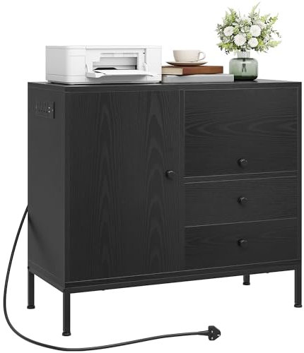 YITAHOME 3-Drawer Sideboard with Power Outlets, Storage Cabinet, Cupboard, Wooden Lateral File Cabinet, Printer Stand for Home Office, Black, 80x40x90 cm