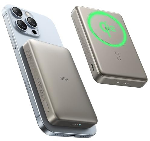 ESR Batería MagSafe Certificada Qi2, Cargador Portátil de Carga Rápida de 10 000 mAh y 15 W, Batería Ultracompacta, Cargador MagSafe con Cable USB-C para iPhone 16/15/14/13/12, Gris