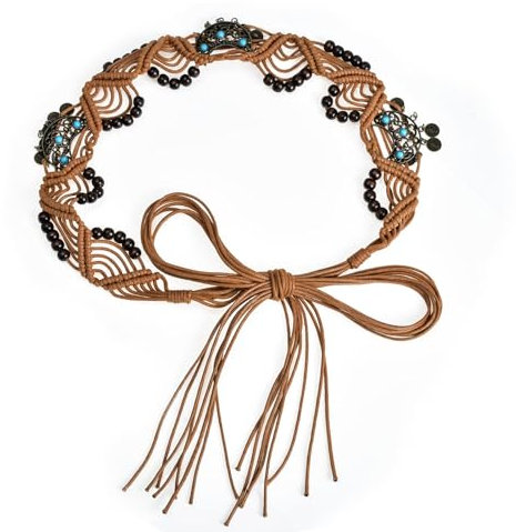 ILuvatar Ceinture nouée à pompons pour femme - Ceinture tissée à la main - Style bohème - Corde tressée, Marron-65, Large