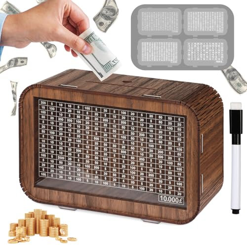 Giftota Wooden Money Box 4 in 1 - 10000, 5000, 3000, 1000 Pound Savings Challenge Bank Cash, Birthday Gift Saving Challenge Box