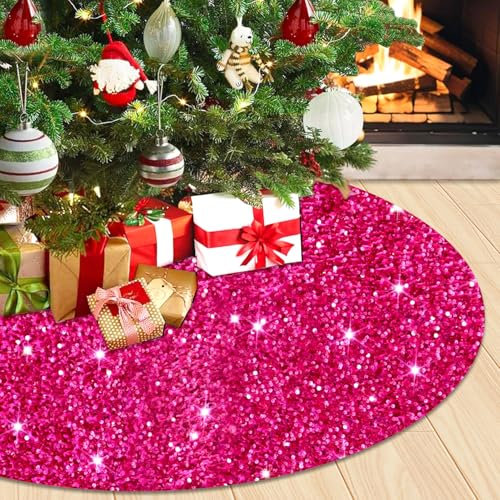 WUPIOS Hot Pink Christmas Tree Skirt 21 Inch Mini Sequin Tree Skirts for Slim Trees Thick Velvet Christmas Tree Base Cover Fuchsia Tabletop Christmas Tree Floor Mat for Christmas Home Decorations