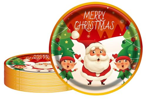 EVYIENEN 50 Platos de Papel para Fiesta de Navidad - 7 Pulgadas, Desechables, Vajilla Temática Navideña para Regalos y Suministros de Fiesta