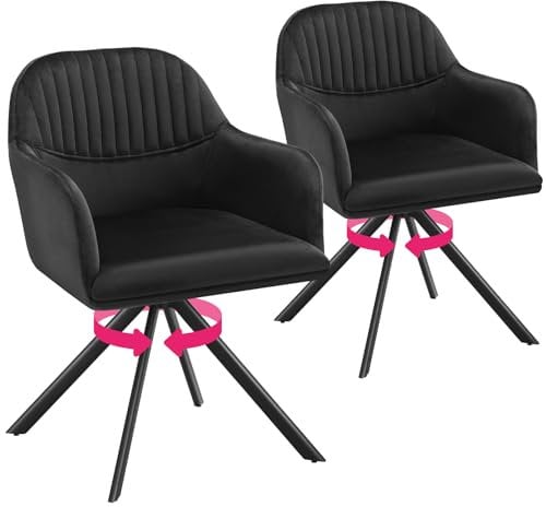 tectake® Esszimmerstuhl drehbar, Armlehnstuhl drehbar, ergonomischer Stuhl Samt, Stühle für Esszimmer, Möbel für Wohnzimmer, Arbeitszimmer, Esstisch, Schminktisch - 2er Set - schwarz/schwarz