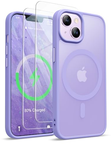 ORETECH for iPhone 13 Case, iPhone 14 Magnetic Case Compatible with Magsafe and 2 Pack Screen Protector Anti Yellowing Ultra Thin Shockproof Matt Frosted Back Phone Case Cover 6.1'' - Light Purple