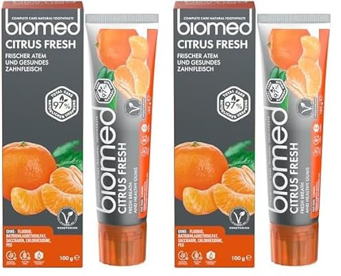 Biomed Citrus Fresh 97% Dentifricio naturale | Arancia, alito fresco, gengive sane | Oli essenziali di mandarino, pompelmo e limone, gusto frutta, vegetariano, privo di SLES 100 g (Confezione da 2)