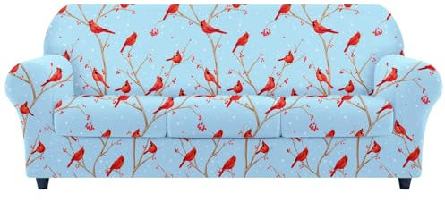Arquiel Sofa Überzug 3 Sitzer, Sofabezug Mit Elastisch Stretch Husse, Couchbezug 4 Stück Sofahusse Gedruckt Sofaschoner Mit Armlehne Weicher rutschfest(Rothaariger Wintervogel)